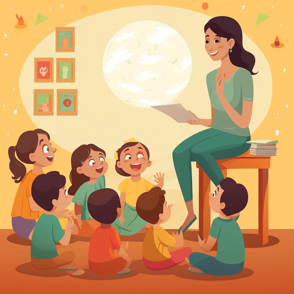 A teacher discussing a Hindi song with preschool kids