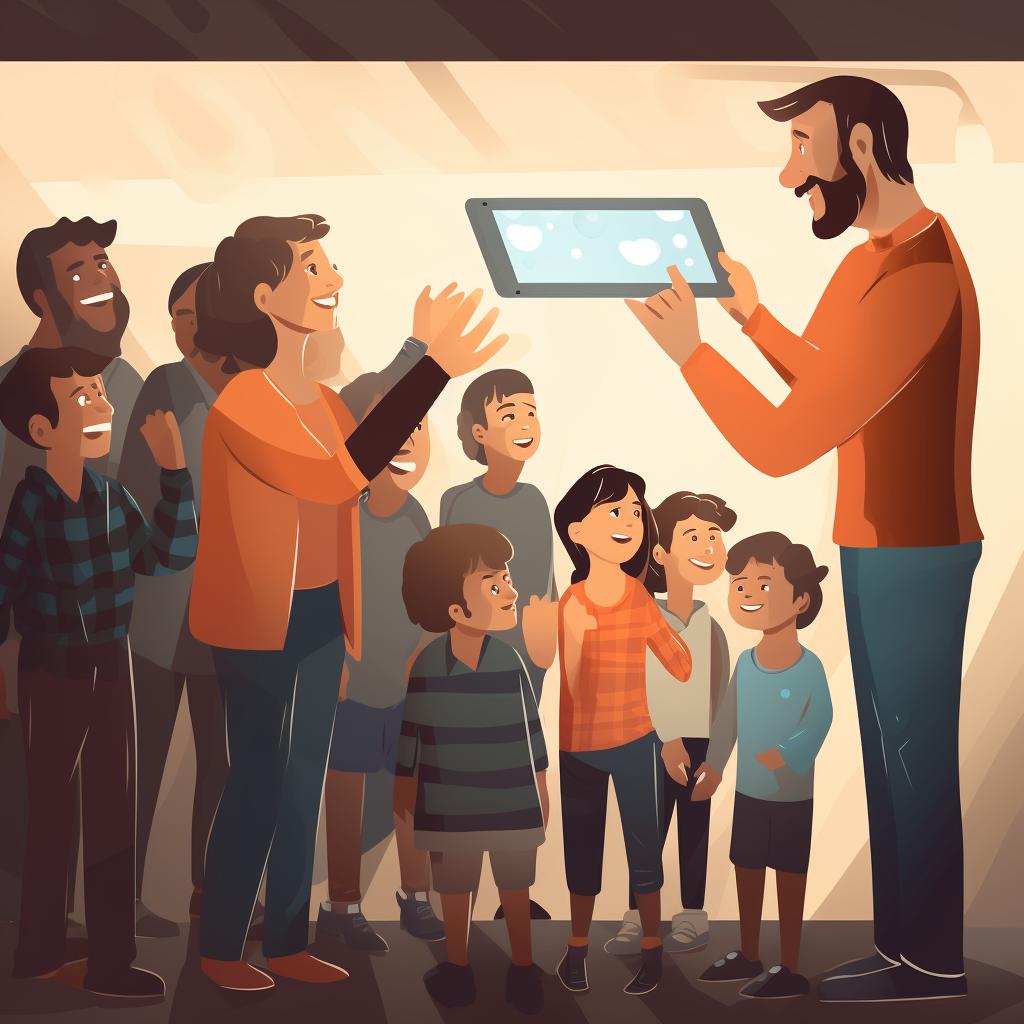 A child showing their digital artwork on a tablet, with adults clapping and appreciating